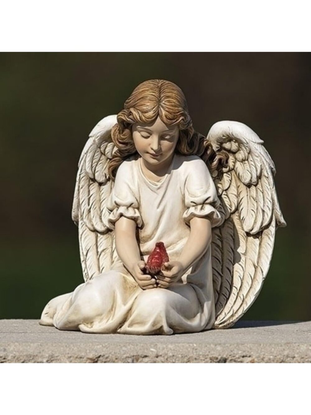 Kneeling Angel Garden Statue with Cardinal, 9" Resin Outdoor Décor, Unique Gift